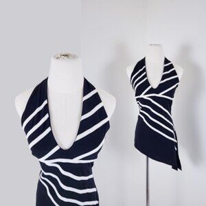 Annex Y2K halter top asymmetrical striped stripes plunge neckline open back